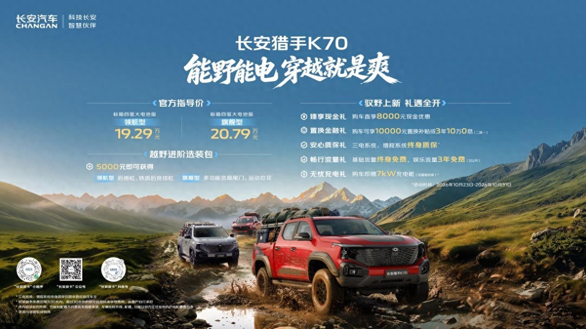 19.29万起！长安猎手K70上市：全球首款增程越野皮卡